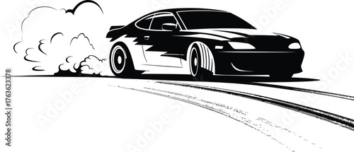 Dynamic sports car drifting producing smoke and tire tracks in a fast action scene