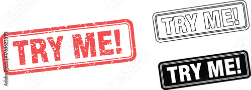 Three try me stamps in red black and white on a white background