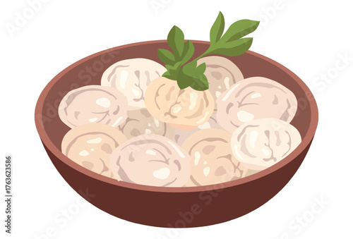 Realistic freshly brewed dumplings plate isolated on white background - Vector illustration
