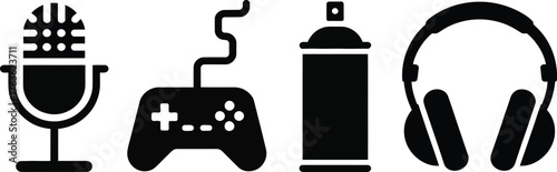 Creative gaming icons microphone controller spray can and headphones icon set for digital media