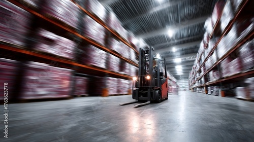 A red forklift operates in a busy motion blurred warehouse moving goods stacked high on shelves