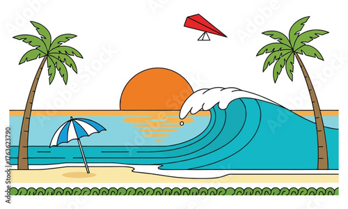 Tropical beach scene with palm trees sun wave umbrella and bird