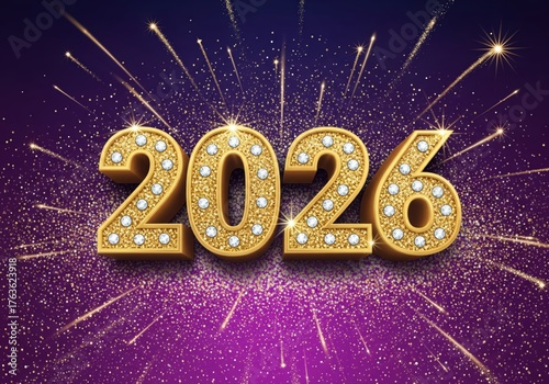 Elegant 2026 New Year celebration greeting with luxurious golden diamond numbers and sparkling fireworks on a vibrant purple background