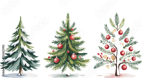 Watercolor illustration of three Christmas trees with red ornaments, festive holiday decoration, evergreen pine design for winter celebration artwork