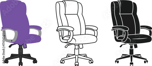 Three illustrations of office chairs in different styles and colors