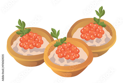 Realistic tartlets with caviar on a white background - Vector illustration