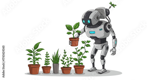 Futuristic robot gardener caring for plants in potted garden scene