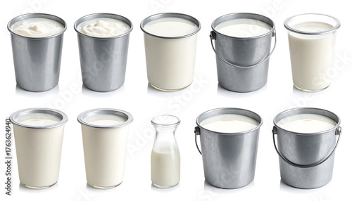 Wallpaper Mural Assortment of dairy products presented in various metal buckets and containers, showcasing different textures Torontodigital.ca