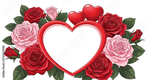 Heartshaped frame surrounded by roses isolated on transparent background