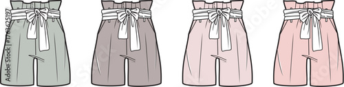 Fashion illustration of four pairs of paperbag waist shorts in different pastel colors displayed side-by-side on a white background