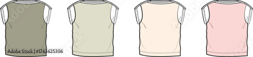 Collection of sleeveless t-shirt fashion flat sketches in different colorways. Vector apparel technical drawing template for clothing design and manufacturing