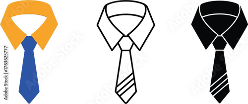 Three shirt and tie illustrations in color outline and solid black