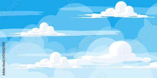 Illustration of a blue sky with white clouds in a flat style. Blue sky background and white clouds. Cartoon sky