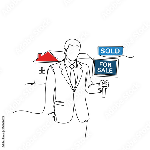 For sale home with property dealer holding a sign with inscription. For sale home, realtor advertises property and gives a sale banner.