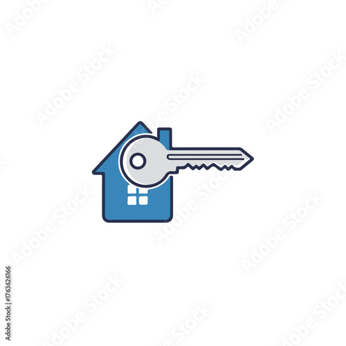House key sits atop a blue outline house. House key indicates access to new property, depicting ownership and security. Consider house key for real estate ventures.