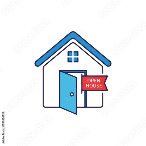 Open house invitation featuring simplified home icon with open door and sign. Open house event invites prospective buyers to view property.
