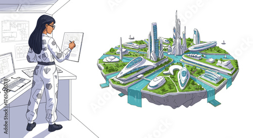 Futuristic architect designs floating cityscape with modern technology