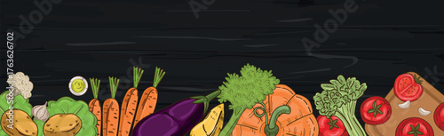 Realistic various vegetables on wooden background - Vector illustration