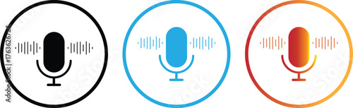 Microphone with sound wave icon. microphone icon with sound waves digital audio recording device.Voice message and podcast symbol.Audio speech podcast mic symbol on transparent background
