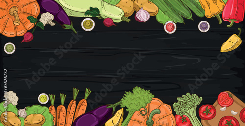 Realistic various vegetables on wooden background - Vector illustration