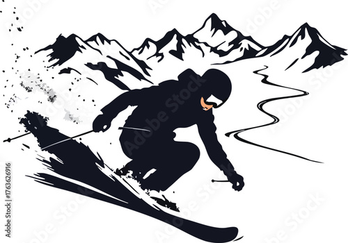 Downhill skier vector—stylized illustration of alpine descent with snow spray, mountain peaks, and dynamic motion for winter themes
