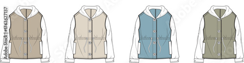 Fashion flat sketches of women's hooded puffer vests in multiple color options