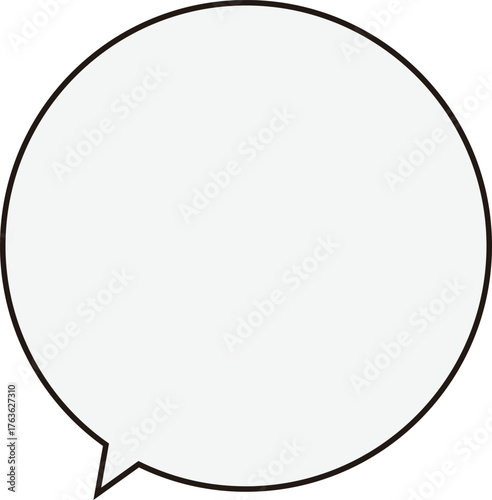 黒い縁の正円のふきだし。テキストスペースは薄いグレー。丸くて使いやすい。フキダシの先端は下にある。