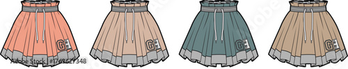 Collection of technical fashion flat sketches featuring a tiered mini skirt with a smocked waist and lace hem, displayed in four different color variations for apparel design