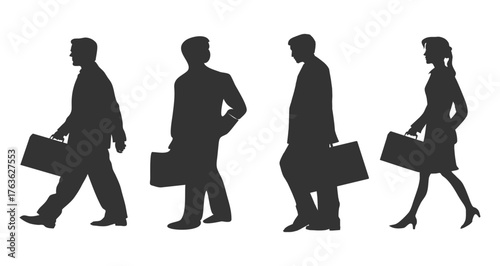 Walking silhouettes of diverse business professionals with briefcases, concept of office teamwork, leadership, and career success in the workplace
