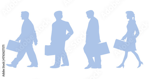 Walking silhouettes of diverse business professionals with briefcases, concept of office teamwork, leadership, and career success in the workplace