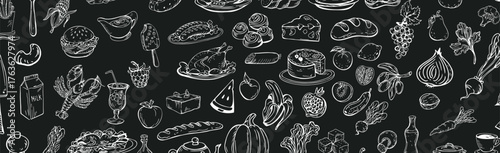 Farmer's market panoramic background with line icons. Fruits, vegetables, eggs, meat and fish - Vector illustration