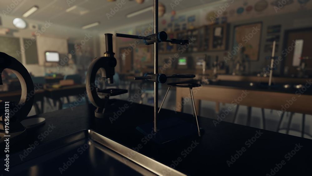 Fototapeta premium In a serene science classroom, lab equipment is neatly arranged on a dark surface. The sunlight gently illuminates the workspace, hinting at the days previous experiments.