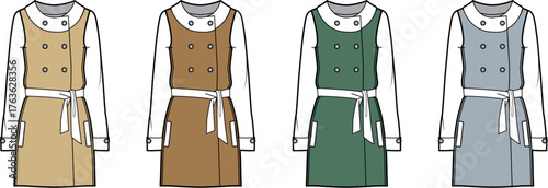 Illustrative women's fashion concept showcasing diverse double-breasted tunic dress designs with belted silhouettes across various color palettes, ideal for modern apparel creation