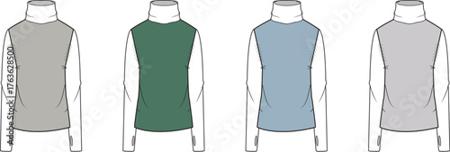 Collection of men's sleeveless knit vests layered over turtleneck long sleeve shirts. Technical flat sketch for fashion apparel design vector template
