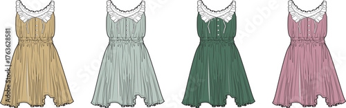 Fashion illustration of four short dresses. Collared design with ruffled hems in yellow, mint, emerald, and pink. Vector apparel templates for clothing concepts and design
