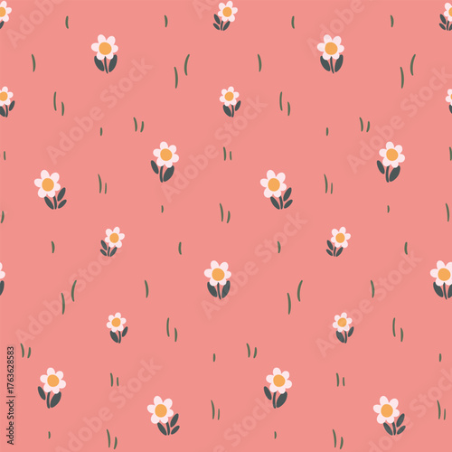Seamless floral pattern of cute mini chamomiles. Simple ditsy print, childish botanical design of hand-drawn small daisy flowers, leaves, and blades of grass on a pink field. Vector illustration.