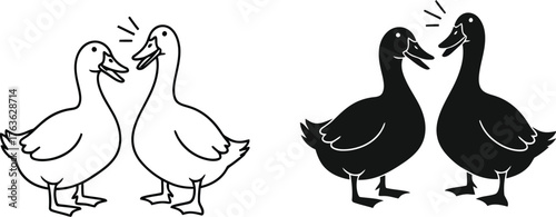 Illustration of two ducks in color line art and silhouette styles