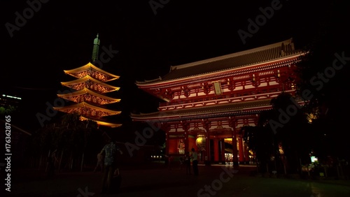 Photography Temple and pagoda illuminated beautifully at night in showcasing Japan heritage,