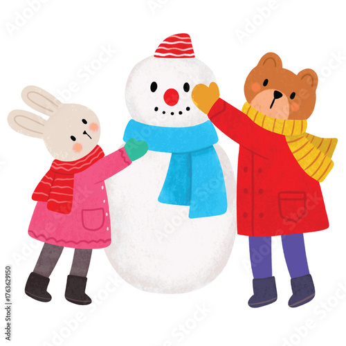 Illustration of Animals Building a Snowman