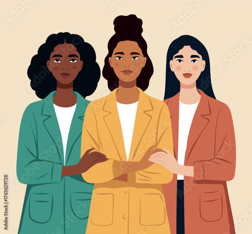 A vector illustration of three women of different cultures and skin tones standing together. Symbolizes feminism, gender equality, and women's empowerment. Suitable for posters and branding