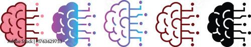 A versatile set of brain and circuit symbols representing artificial intelligence and machine learning concepts in filled gradient outline and solid black styles