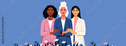 International Women's Day, March 8. Vector illustration of three different women standing among bright flowers. Symbolizes feminism, women's empowerment, and equality. For posters and cards