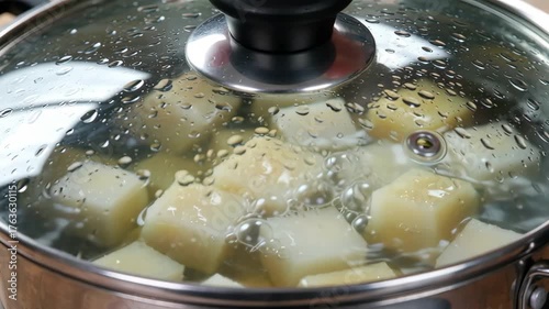 Close Up Winter Melon Cubes Boiling In Stainless Pot With Glass Lid Daylight Kitchen
