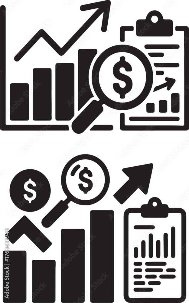 Obraz premium Financial growth and analysis icons with bar chart and magnifying glass