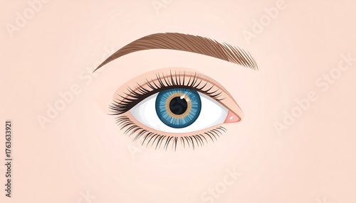 Cartoon eye with detailed eyelashes, eyebrows, and iris. A realistic illustration showcasing facial features. Depicts beauty & gaze