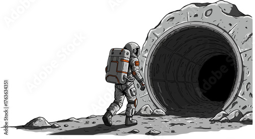 Astronaut exploring lunar cave entrance in scientific adventure scene