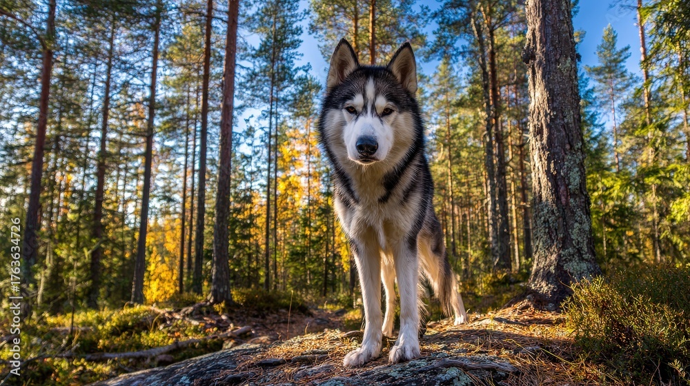 Obraz premium A majestic husky stands in a serene forest, surrounded by tall trees and vibrant autumn colors, showcasing the beauty of nature and wildlife.