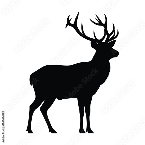 Silhouette of a majestic stag with large antlers, standing proudly against a plain white background