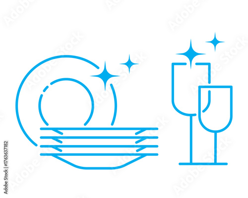 Dishes and glasses clean line icon set isolated on transparent background. Perfect symbols for kitchenware, dishwashing, hygiene, and household care themes. Editable stroke.