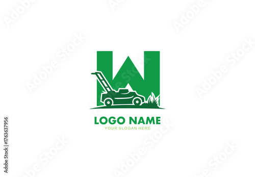 Letter Wlawn care logo design with mower concept